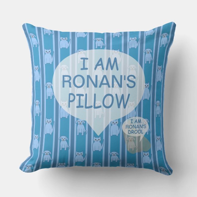 Fun and Fancy Customizable Kitty & Puppy Striped Throw Pillow (Front)