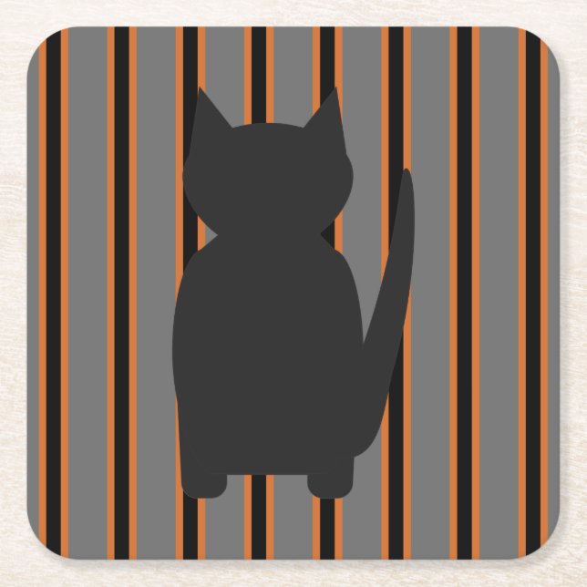 Fun and Fancy Halloween Black Silhouette Cats Square Paper Coaster (Front)