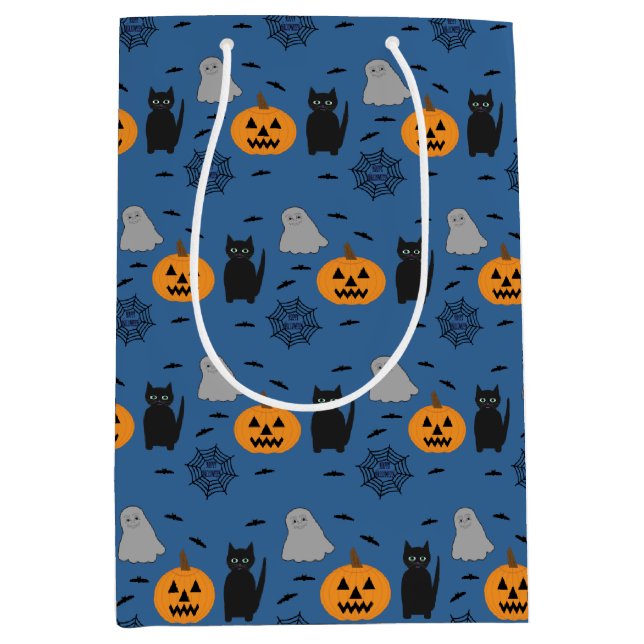 Fun and Fancy Halloween Cat Ghost Pumpkin Web Medium Gift Bag (Front)