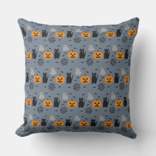 Fun and Fancy Halloween Cat Ghost Pumpkin Web Throw Pillow
