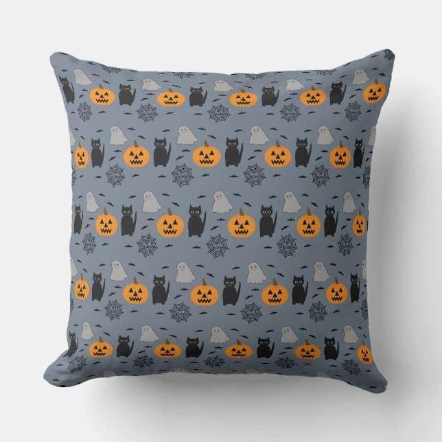 Fun and Fancy Halloween Cat Ghost Pumpkin Web Throw Pillow (Front)