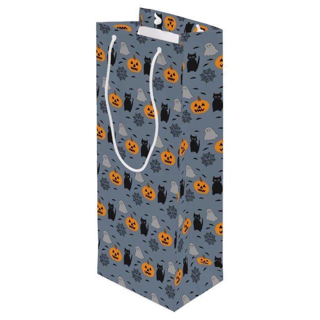 Fun and Fancy Halloween Cat Ghost Pumpkin Web Wine Gift Bag (Back Angled)