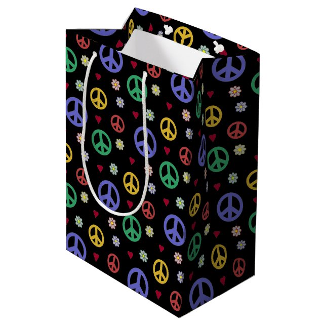 Fun and Fancy Peace Sign, Flowers & Hearts Medium Gift Bag (Back Angled)