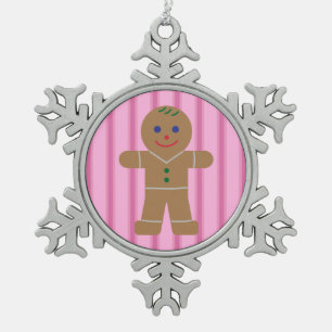 Fun and Fancy Pink Gingerbread Man Snowflake Pewter Christmas Ornament