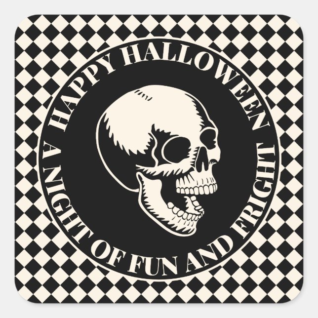 Fun and Fear Skull Happy Halloween Square Sticker (Front)