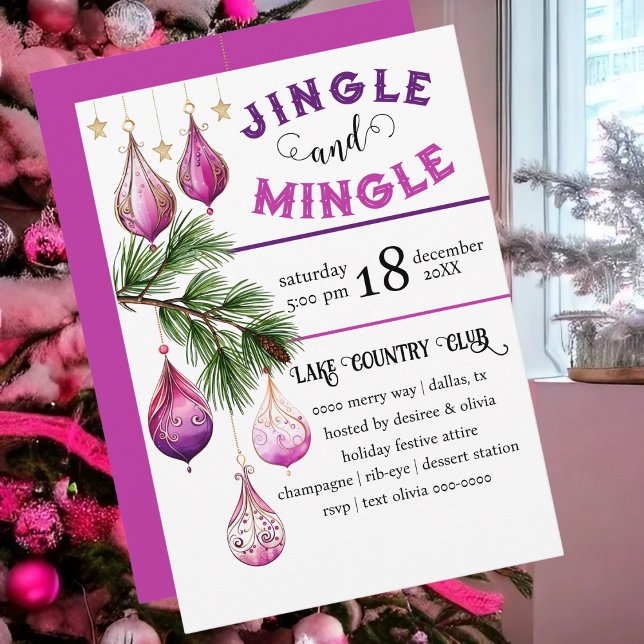 Fun and Festive Jingle and Mingle Pink Party Invitation (Bright pink and festive Jingle and Mingle party invitation)