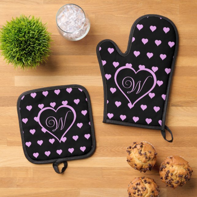 Fun and Flirty Pink Hearts Personalized  Oven Mitt & Pot Holder Set (Top Down)