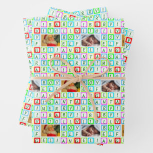 Fun and Personalized Colorful Squares and 2 Photos Wrapping Paper Sheet