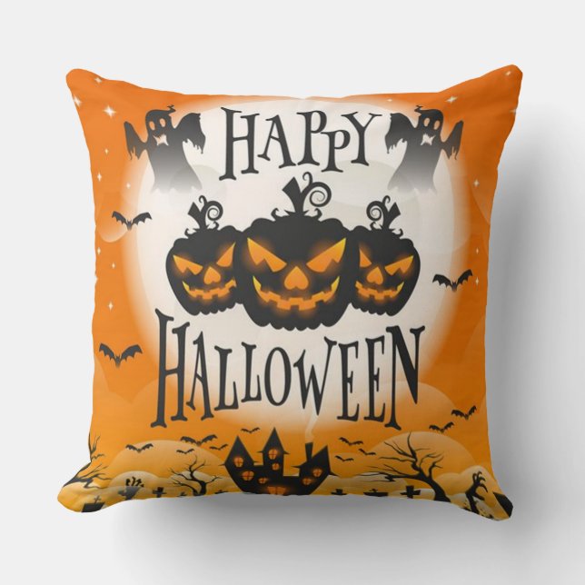 Fun and Scary Happy Halloween Throw Pillow (Front)