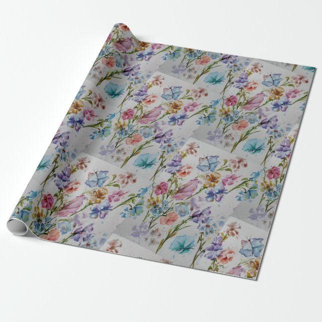 Fun and Whimsical Butterflies and Flowers Wrapping Paper (Unrolled)