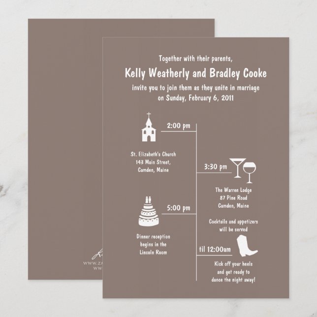 Fun and Whimsy Brown Wedding Timeline Invitation (Front/Back)
