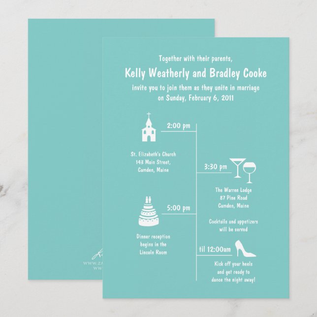 Fun and Whimsy Teal Wedding Timeline Invitation (Front/Back)