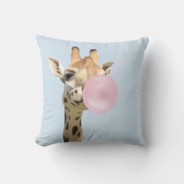 Fun Animal Design Pink Bubblegum Blowing Giraffe  Throw Pillow (Front)