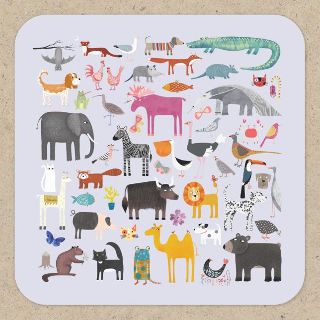 Fun Animal Menagerie Square Sticker (Jungle, safari, zoo, wild and pet animals and bird design sticker)