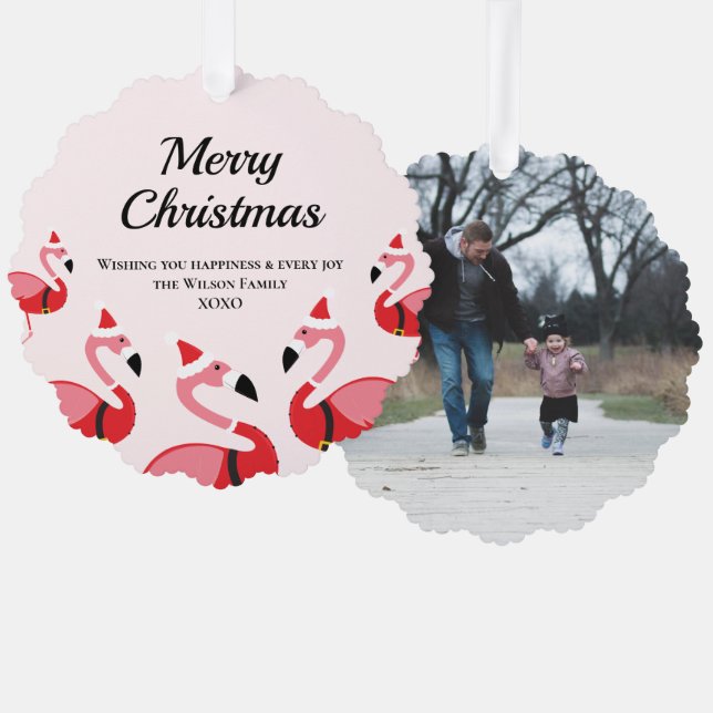 Fun Animal Pink Flamingo Santa Photo Christmas Ornament Card (Front/Back)
