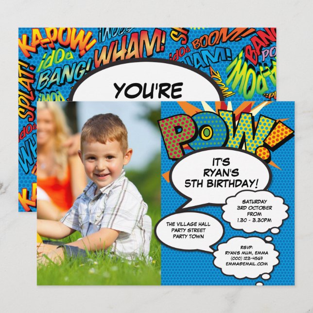Fun Any Age Modern Birthday Party Photo Comic Blue Invitation (Front/Back)