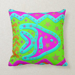 Fun Aquatic Fish Stars Colourful Kids Doodle Throw Pillow