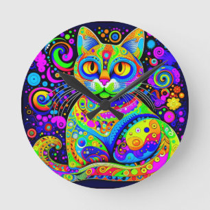 Fun Artsy Bright Coloured Haight-Ashbury Style Cat Round Clock