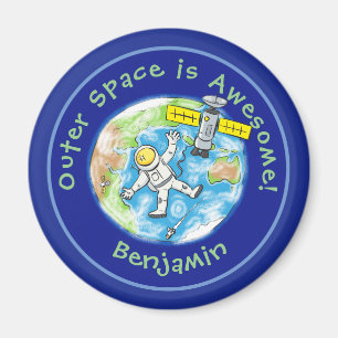 Fun astronaut with satellite over earth cartoon magnet