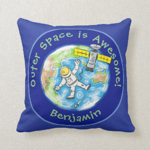 Fun astronaut with satellite over earth cartoon throw pillow