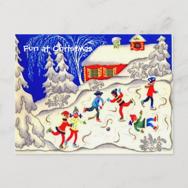 Fun at Christmas, Skating on the pond Holiday Postcard (Front)