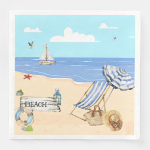 Fun At the Beach Blue Aqua Watercolor Scene Napkin