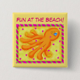Fun at the Beach Whimsy Octopus Yellow Orange 2 Inch Square Button