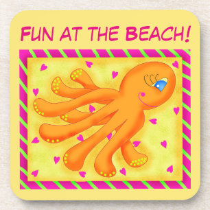 Fun at the Beach Whimsy Octopus Yellow Orange Coaster