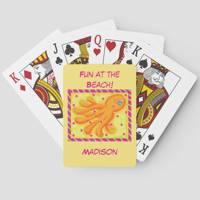 Fun at the Beach Whimsy Octopus Yellow Orange Playing Cards (Back)