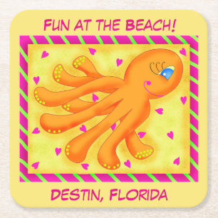 Fun at the Beach Whimsy Octopus Yellow Orange Square Paper Coaster