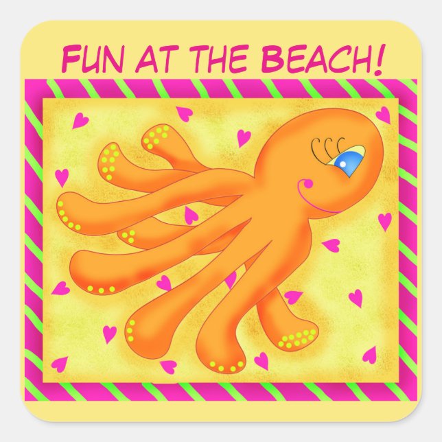 Fun at the Beach Whimsy Octopus Yellow Orange Square Sticker (Front)