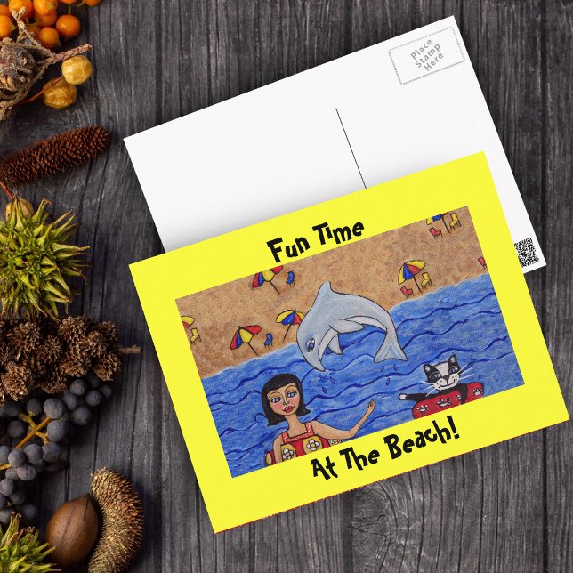 Fun at the Beach With My Cat Postcard (Lady and her cat floating in ocean in inner tubes, jumping dolphin with yellow border on postcard.)