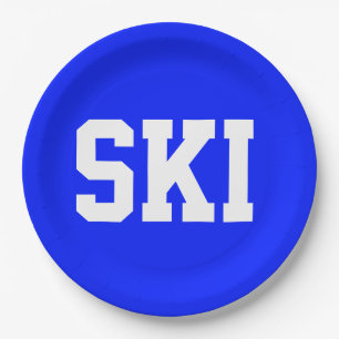 Fun Athletic Sporty White SKI Text On Royal Blue Paper Plate