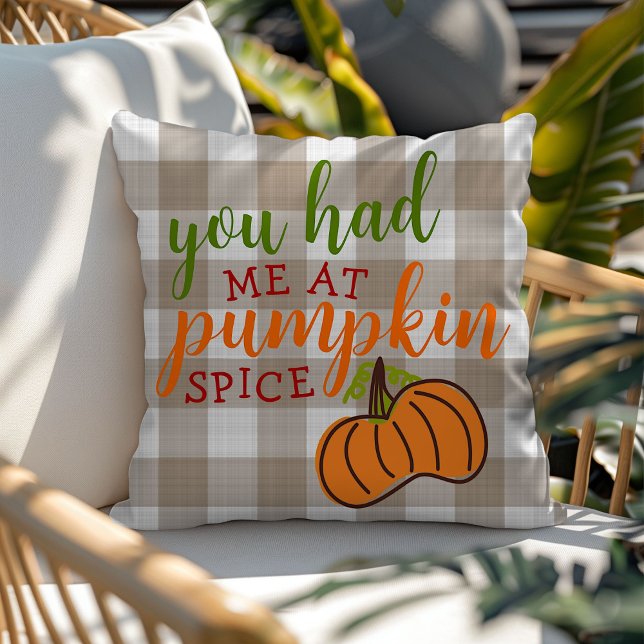 Fun Autumn Quote Orange Pumpkin On Gingham Pattern Outdoor Pillow (Creator Uploaded)