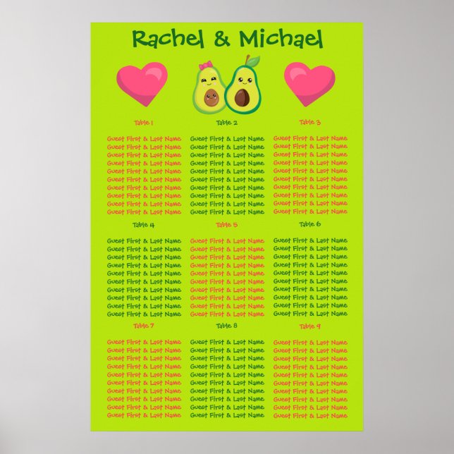 Fun Avocado Colourful Seating Chart (Front)