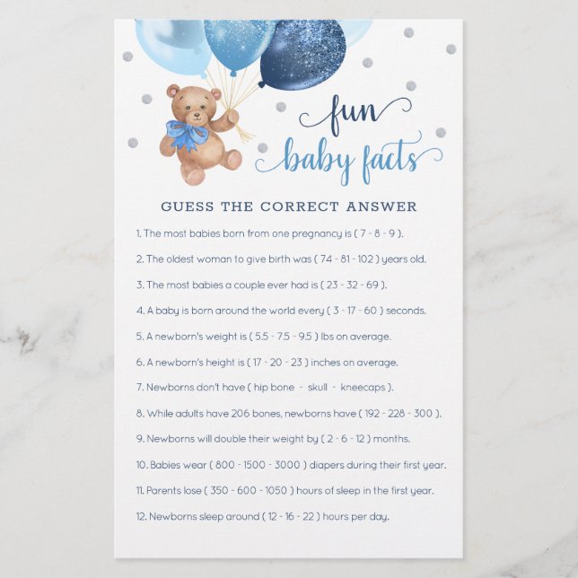 Fun Baby Facts Game Baby Shower Teddy Bear (Front)