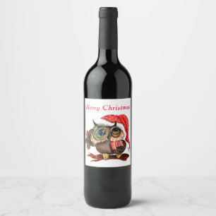 Fun Baby Owl In Christmas Hat and Gift For You  Wine Label