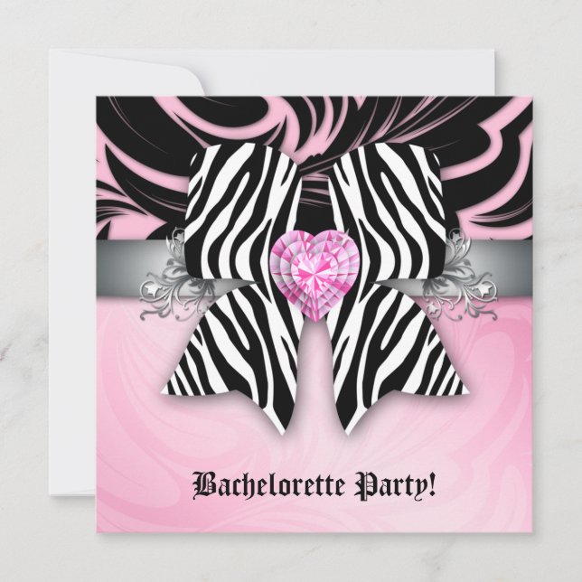 Fun Bachelorette Party Invite Zebra Bow Pink Flora (Front)