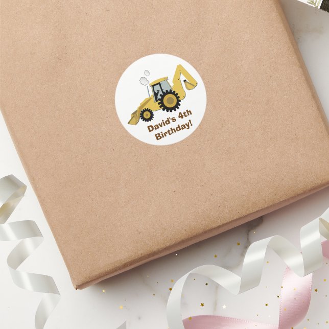 Fun Backhoe Construction Personalized Sticker (Construction Birthday Backhoe Favor Sticker)