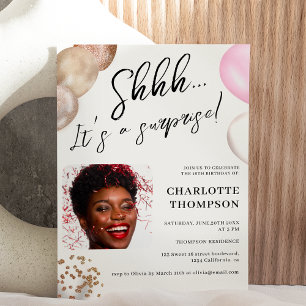Fun balloons gold white photo surprise Sweet 16 Invitation
