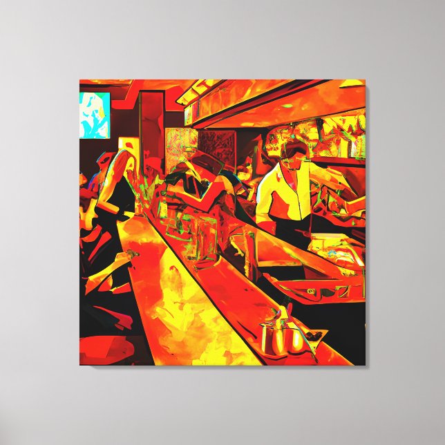 Fun Bar Scene | Bartender and Customers Canvas Print (Front)