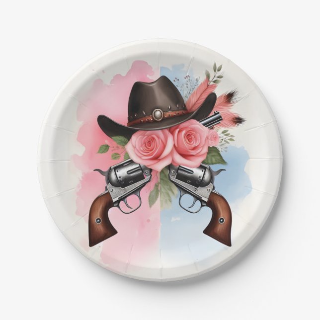 Fun Barn Hat Farm Film Usa Cowboy Gender Reveal Paper Plate (Front)