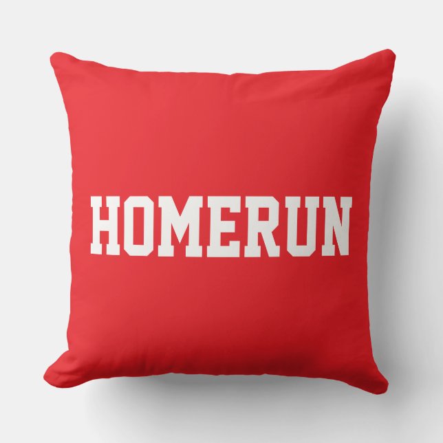 Fun Baseball HOMERUN White Text On Bright Red Throw Pillow (Front)