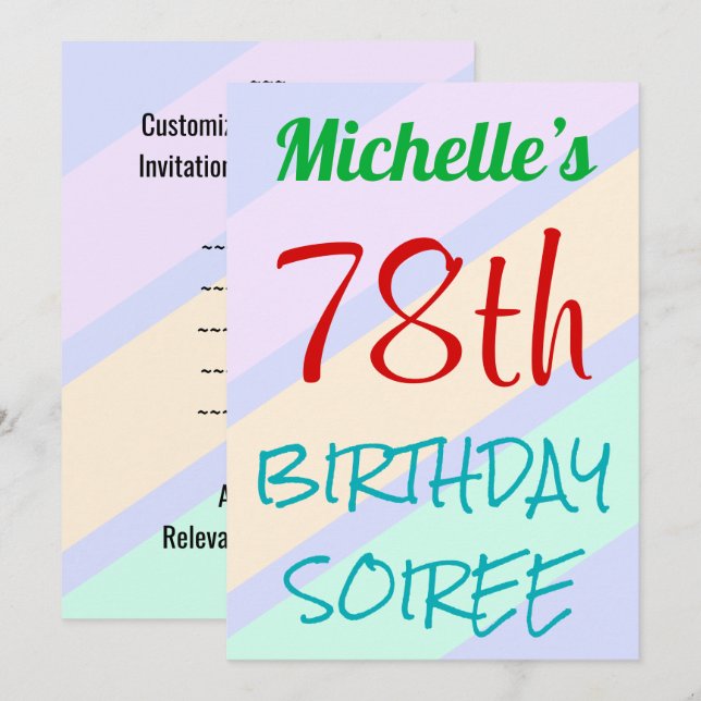 Fun, Basic "78th BIRTHDAY SOIREE" Invitation (Front/Back)