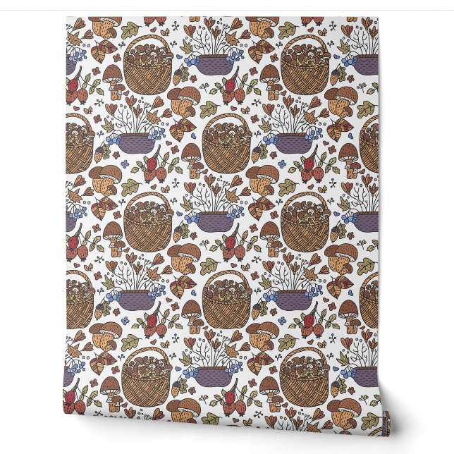 Fun Basket of Mushrooms Pattern Wallpaper (Unrolling)