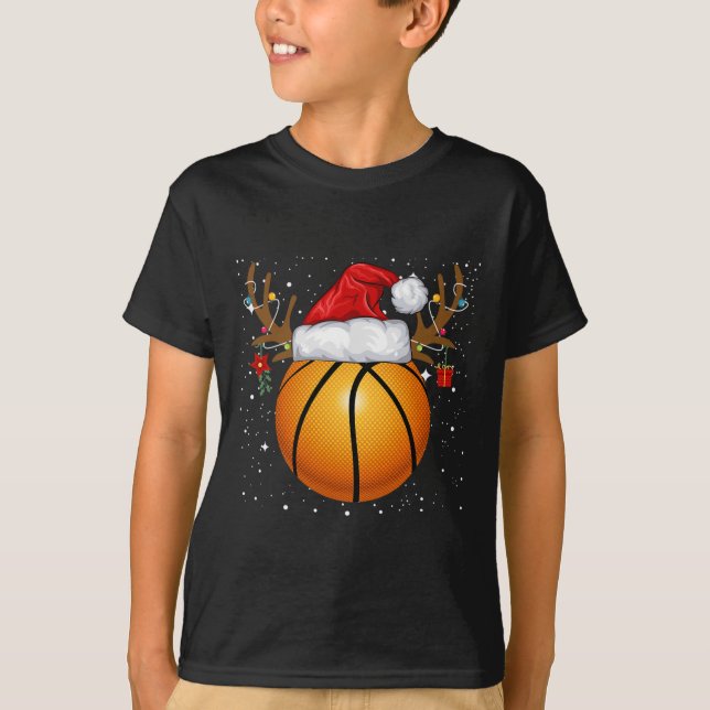 Fun Basketball Reindeer Santa Hat Christmas Holida T-Shirt (Front)