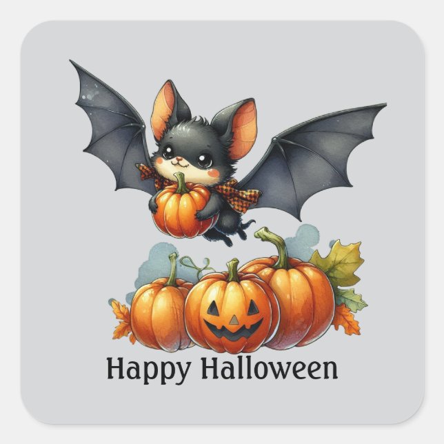 Fun Bat Happy Halloween customizable Square Sticker (Front)