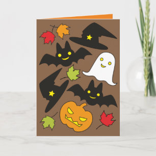 Fun Bats Ghost Hat & Jack O' Lantern Halloween Card