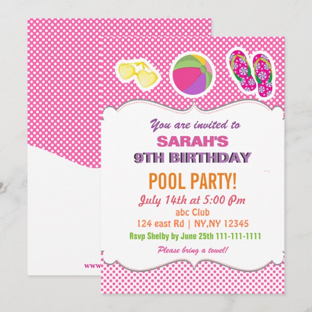 Fun Beach Ball flipflop girls Pool Party Invites (Front/Back)