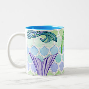 Fun Beach Home Mermaid Tails Fish Scale Watercolor Two-Tone Coffee Mug